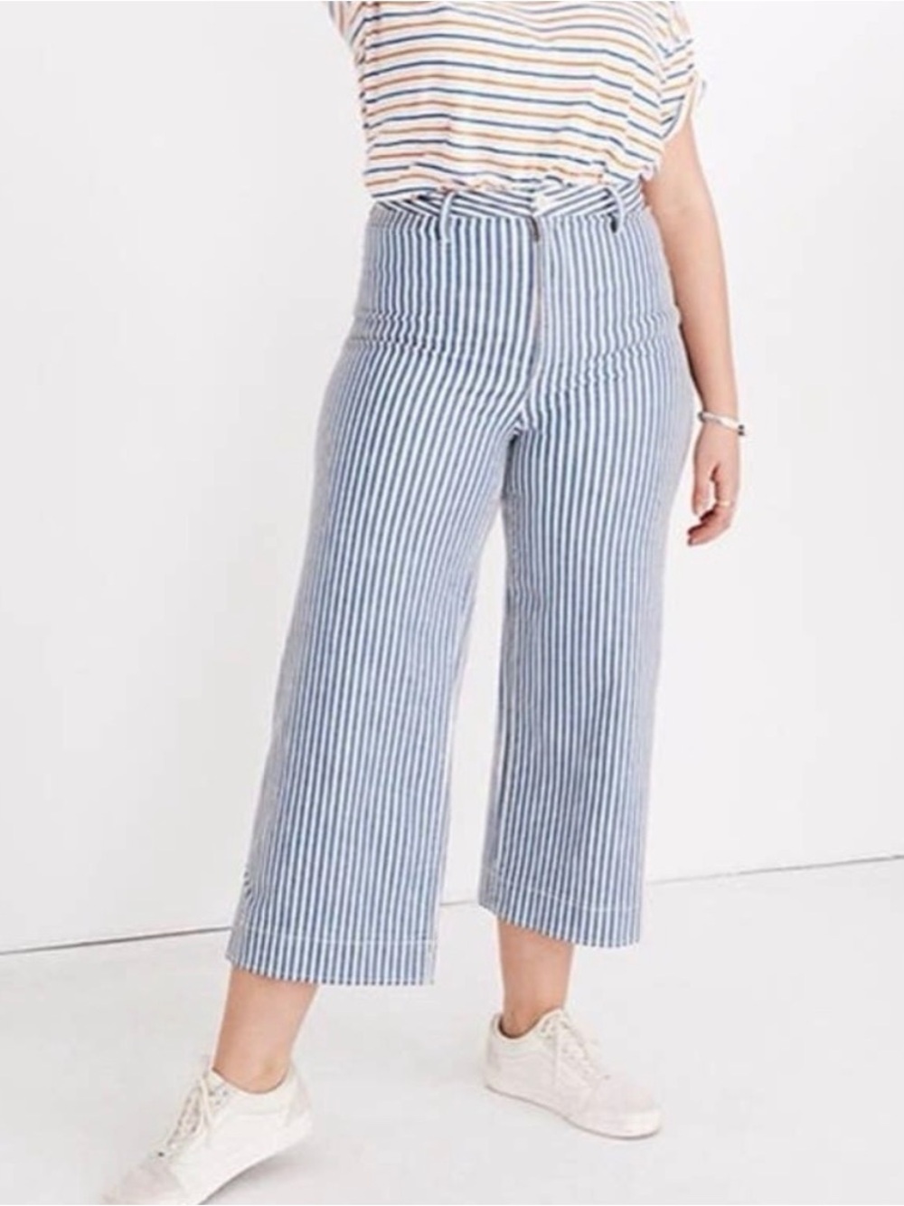Madewell Emmett Wide-Leg Crop Pants Herringbone Railroad Stripe Blue Plus 32